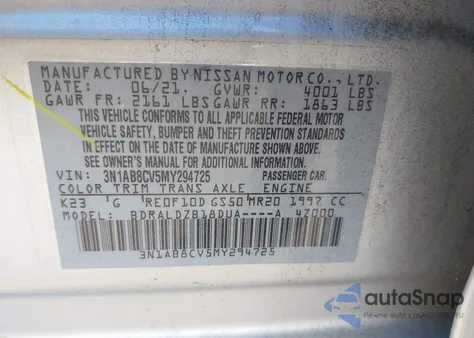 2021 Nissan Sentra Sv Xtronic Cvt from USA, damaged, VIN 3N1AB8CV5MY294725